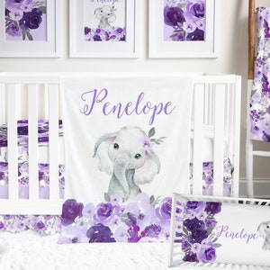 Elephant Baby Bedding Set, Purple Baby Girl Nursery Decor, Floral Crib Bedding, Girl Shower Gift, Personalize Crib Sheet, Ruffled Crib Skirt