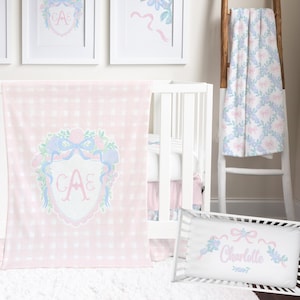 Floral Baby Girl Crib Bedding Set: Pink Bows, Monogram Crest