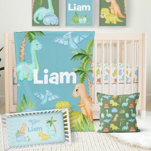 Baby Boy Crib Bedding Set, Dinosaur Baby Bedding, Blue and Green Baby Boy Nursery Decor, Baby Shower Gift, Name Sheet, Nursery Pillow