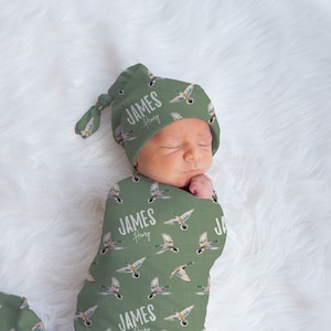 Duck Hunting Baby Swaddle Blanket & Beanie: Personalized Woodland Nursery