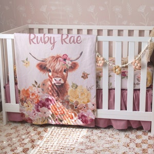 Highland Cow Baby Girl Crib Bedding Set for your Boho Country Nursery, Floral Crib Sheet + Ruffled Crib Skirt + Sherpa Baby Blanket