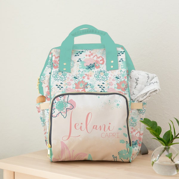 Personalized Ocean Diaper Bag, Backpack, Baby Girl, Boho Floral Nursery Decor, Baby Girl Shower Gift, Beachy Diaper Bag, Coastal Nursery