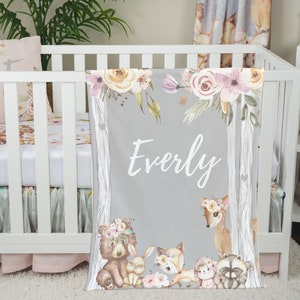 Woodland Girl Crib Bedding, Nursery Set, Floral Baby Bedding, Pink, Gray, Personalized Crib Sheet, Pink Buffalo Plaid Check, Deer, Bear