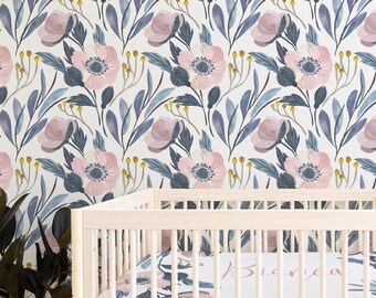 papier peint floral vintage, Peel and Stick Wallpaper, Amovible, Floral Nursery, Moody, Blush Pink, Mauve, Navy Blue, Nursery Wallpaper