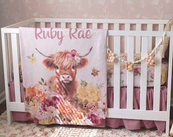 Highland Cow Baby Girl Crib Bedding Set for your Boho Country Nursery, Floral Crib Sheet + Ruffled Crib Skirt + Sherpa Baby Blanket
