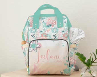 Personalized Ocean Diaper Bag, Backpack, Baby Girl, Boho Floral Nursery Decor, Baby Girl Shower Gift, Beachy Diaper Bag, Coastal Nursery