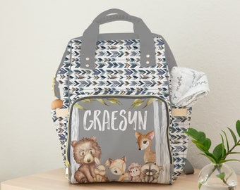 Personalized Woodland Diaper Bag, Backpack, Baby Boy, Forest Animal Nursery Decor, Baby Boy Shower Gift, Deer Diaper Bag, Bear Baby Gift