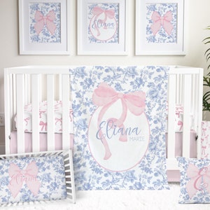 Blue Toile and Pink Bow Crib Bedding Set, Baby Girl Nursery Decor, Coquette Aesthetic, Grandmillennial, Fancy, Love, Girly Nursery