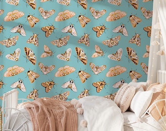 Turquoise and Gold Butterfly Peel and Stick Wallpaper for your Girls Room, Teen Bedroom, or Baby Girl Nursery