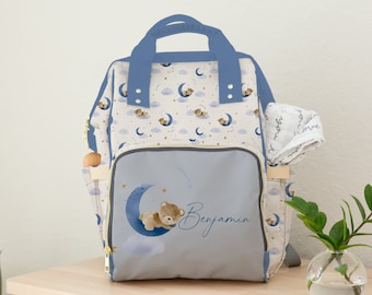 Personalized Teddy Bear Diaper Bag, Backpack, Baby Boy Nursery Decor, Bear Baby Boy Shower Gift, Bear Nursery, Crib Bedding, Moon Diaper bag