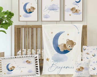 Teddy Bear Baby Boy Crib Bedding Set: Moon Stars Nursery Decor