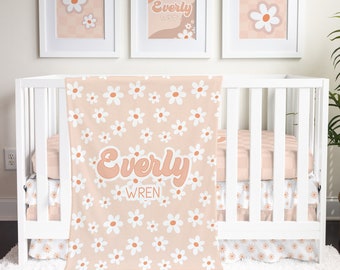 Baby Bedding Girl, Daisy Baby Blanket, Retro Floral Nursery, Groovy, 70's, Pink Baby Shower Gift, Girl Shower Gift, Nursery Wall Art, Preppy