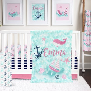 Crib Bedding Girl, Nautical Nursery, Coastal Baby Bedding, Pink, Navy, Teal, Mint, Anchors, Whales, Sailboats, Personalized Baby Blanket