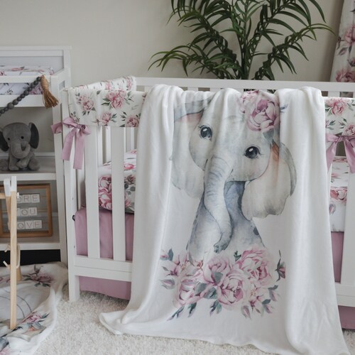 Floral Girl Crib Bedding Elephant Baby Bedding Set Peony Etsy