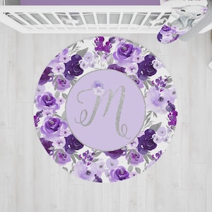 Purple Floral Nursery Rug, Baby Girl Nursery, Girl Nursery Decor, Personalized Rug, Toddler Girls Room, Crib Bedding Set, Purple and Gray