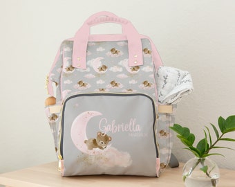 Pink Personalized Teddy Bear Diaper Bag, Backpack, Baby Girl Nursery, Bear Baby Girl Shower Gift, Crib Bedding, Moon Diaper Bag, Pink Gray