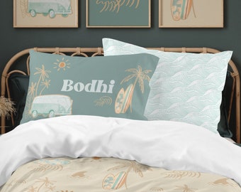 Boho Boy Bedding Set, Surfer Boy Room Decor, Toddler Bedding Set, Twin Comforter, Queen, King, Personalized, Pillowcase Set, Ocean, Waves