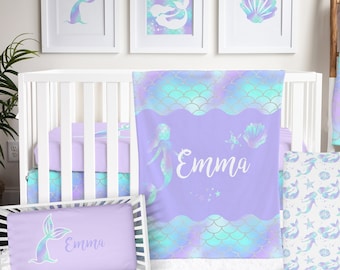Mermaid Crib Bedding Set: Purple Aqua Nursery Decor, Baby Blanket