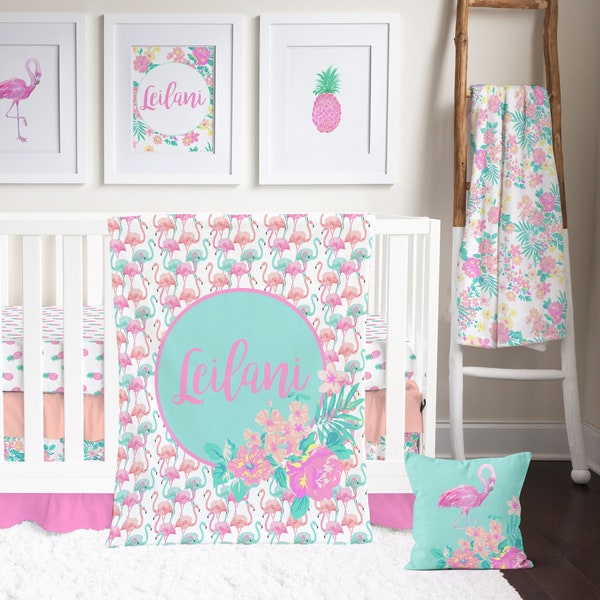 Tropical Crib Bedding Set for your Baby Girl Nursery in Pink and Aqua | Pineapple Crib Sheet + Floral Crib Sher + Flamingo Baby Blanket