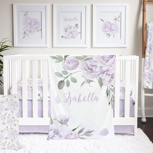 Baby meisje wieg beddengoed set, bloemen kwekerij decor, paarse baby beddengoed, lavendel, aquarel bloemen, baby meisje cadeau, wieglaken, wieg rok