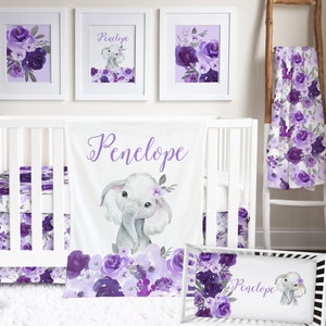 Purple Floral Crib Bedding for your Baby Girl Nursery with Cute Elephant