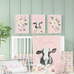 Farmhouse Girl Crib Bedding, Calf Baby Blanket, Pink Nursery Decor, Crib Sheet, Baby Girl Gift, Cow Nursery Wall Art, Baby Shower Gift