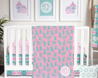 Preppy Crib Bedding Set for your Baby Girl Nursery | Crib Sheet, Crib Skirt, Monogrammed Baby Blanket, Nursery Pillow |  Pink, Aqua, Lime