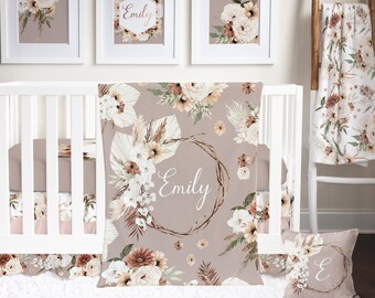 Boho Floral Baby Girl Crib Bedding Set in Brown, Tan, Rust, Green | Floral Crib Sheet, Ruffled Crib Skirt, Baby Blanket, Throw Pillow