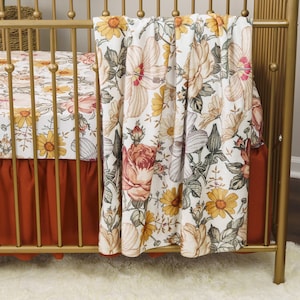 Vintage Floral Girl Baby Bedding, Baby Girl Nursery, Rust, Yellow, Earth Tones, Floral Crib Sheet, Crib Skirt, Changing Pad Cover, Blanket