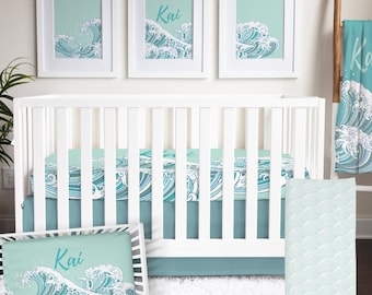 Ocean Crib Bedding Waves Baby Bedding Coastal Nursery Decor Teal Aqua Changing Pad Personalized Crib Sheet Neutral Baby Boy Nursery Etsy