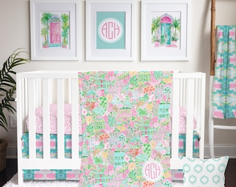 Preppy Crib Bedding Set for your Southern Baby Girl Nursery | Crib Sheet, Crib Skirt, Monogrammed Baby Blanket, Nursery Pillow |  Pink, Lime