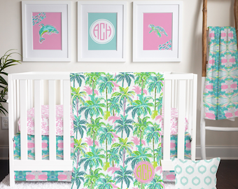 Preppy Crib Bedding Set for your Tropical Baby Girl Nursery | Crib Sheet, Crib Skirt, Monogrammed Baby Blanket, Nursery Pillow |  Pink, Lime