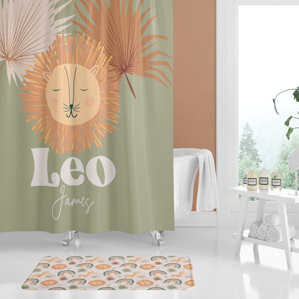 Jungle Bathroom Decor, Boys Room Shower Curtain, Safari Bathroom, Personalized Shower Curtain, Lion, Bath Mat, Boy Nursery Decor, Jungle