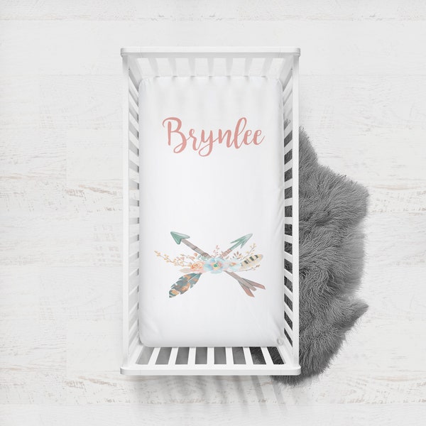 Personalized Baby Girl Crib Sheet, Toddler Sheet, Boho, Feathers, Arrow, Name, Crib Bedding, Floral Crib Sheet, Boho Toddler Bedding