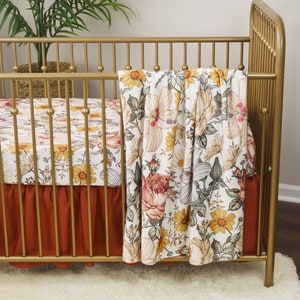 Baby Girl Crib Bedding Set, Floral Nursery, Vintage Floral, Rust, Burnt Orange, Crib Sheet, Ruffled Crib Skirt, Baby Blanket, Sunflower