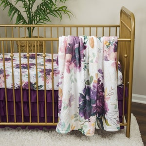 Moody Floral Baby Girl Crib Bedding Set: Minky Blanket & Ruffled Skirt