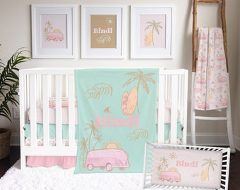 Ocean Crib Bedding Set for your Coastal Nursery | Pink Surf Van Baby Gift | Personalized Crib Sheet and Baby Blanket