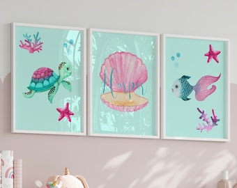 Arte de la pared del vivero, decoración del vivero de Ocean Girl, rosa y aguamarina, ropa de cama de cuna del océano, arte personalizado para niñas, niño pequeño, tortuga marina, almeja, ballena