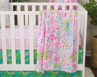 Baby Girl Crib Bedding Set, Preppy Baby Nursery, Pink and Lime Baby Bedding, Palm Crib Skirt, Tropical Nursery Decor, Lilly, Crib Sheet