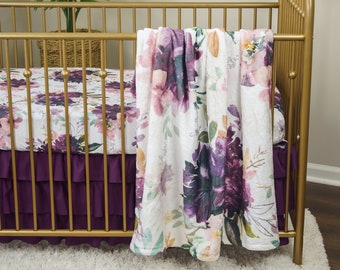 Moody Floral Baby Girl Crib Bedding Set: Minky Blanket Ruffled