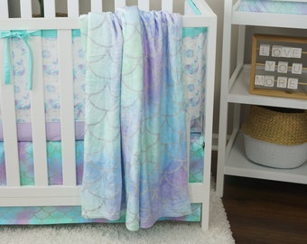 Girl Crib Bedding Set, Breathable Mesh Crib Liner, Mermaid Nursery, Baby Bedding, Purple, Aqua, Teal, Mermaid Scales, Personalize Crib Sheet