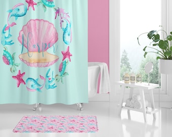 Ocean Girl Shower Curtain, Personalized Bathroom Decor, Coastal Shower Curtain, Bath Mat, Ocean Nursery Decor, Aqua, Pink, Coastal Bathroom