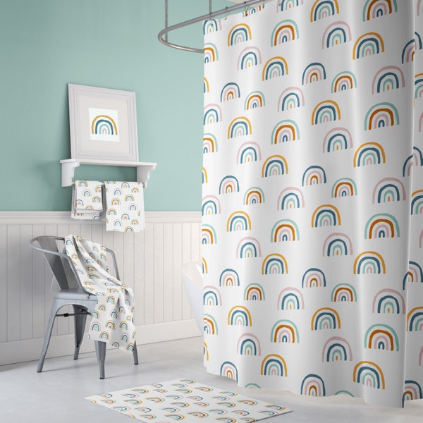 Rainbow Shower Curtain, Kids Bathroom, Decor, Bathmat, Rainbow Towel, Kids Shower Curtain, Neutral, Mint, Gold, Teal, Rainbow Decor