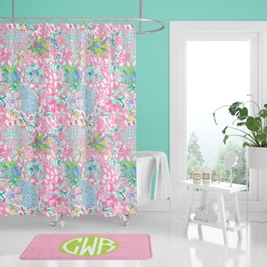 Arredo bagno preppy, tenda doccia per ragazze, bagno rosa e verde lime, tappetino da bagno monogrammato, camera rosa per ragazze, arredamento per la camera delle ragazze