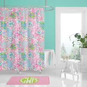 Preppy Bathroom Decor, Girls Shower Curtain, Pink and Lime Green Bathroom, Monogrammed Bath Mat, Pink Girls Room, Girls Room Decor