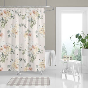 Cream Floral Shower Curtain, Farmhouse Bathroom Decor, Floral Shower Curtain, Plaid Bath Mat, Farmhouse Nursery Decor, Sage Green, Greenery