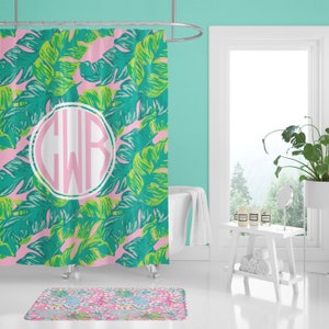 Tenda da doccia preppy monogrammata, tenda da doccia con palma, bagno rosa e verde lime, tappetino da bagno, camera per ragazze ananas, arredamento per la camera delle ragazze