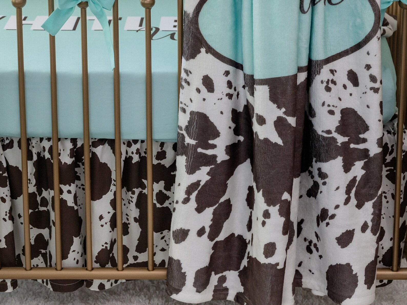 Cowhide Crib Bedding Set Aqua and Brown Farmhouse Nursery Etsy