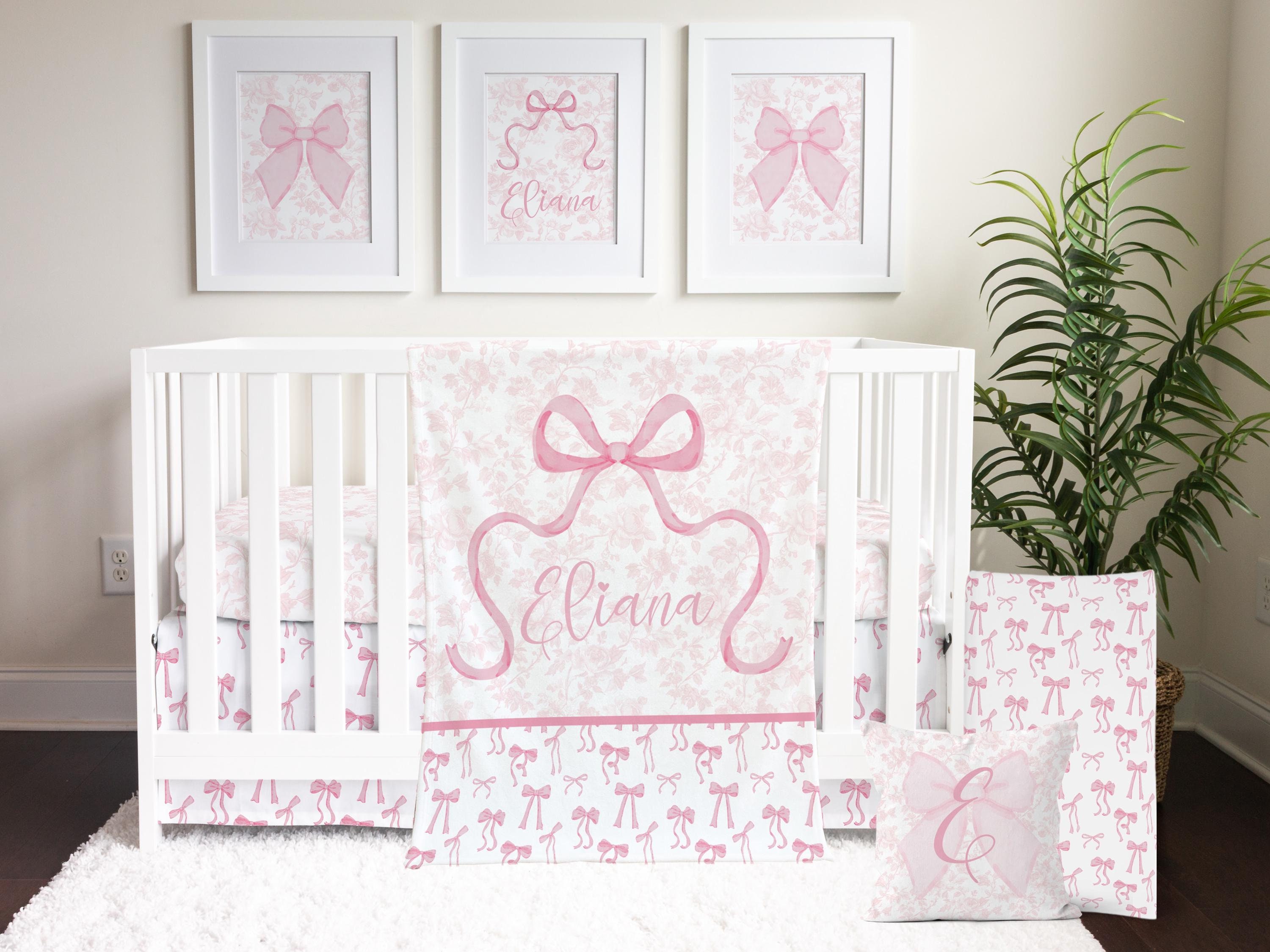 Pink Bow Baby Girl Crib Bedding Set for your Coquette Nursery | Preppy Pink Bows, Pink Toile, and Fancy Nursery Decor