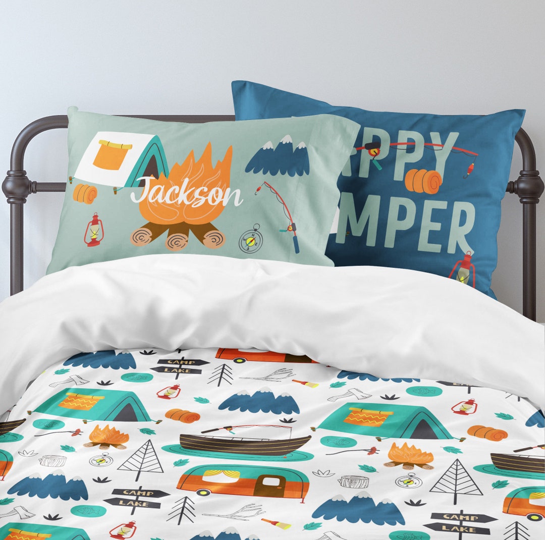 Happy Camper Bedding Set, Camp Boy Bedroom, Boys Bedding, Fishing